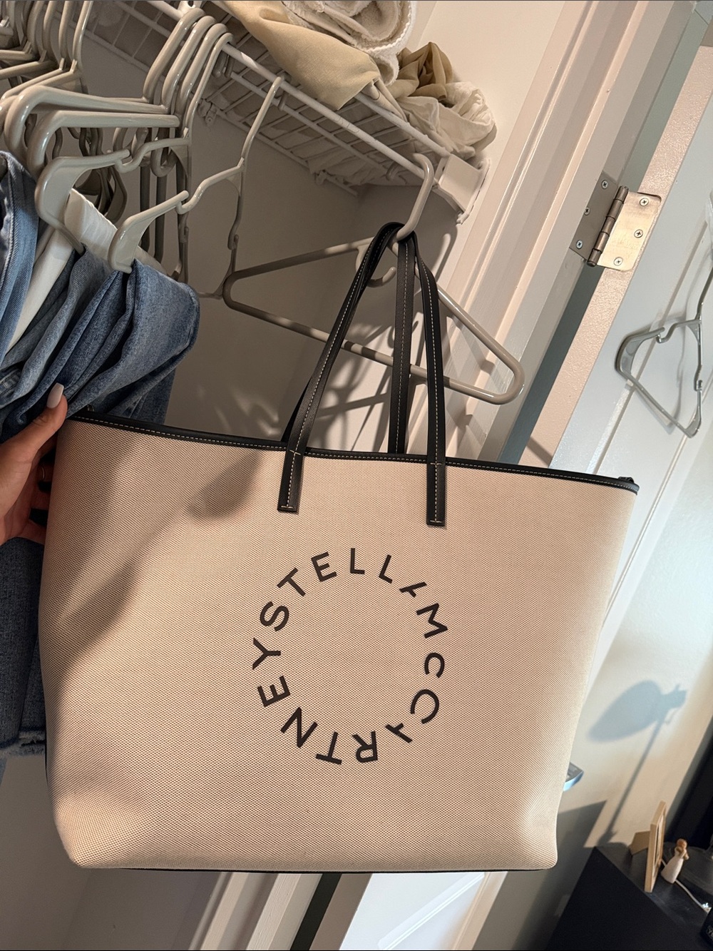 Stella McCartney Beige Canvas Tote with Black Trim and Logo